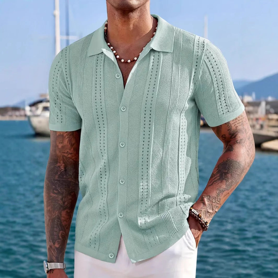 Men's Short-sleeved Knitted Cardigan, Solid Color, Breathable Design.