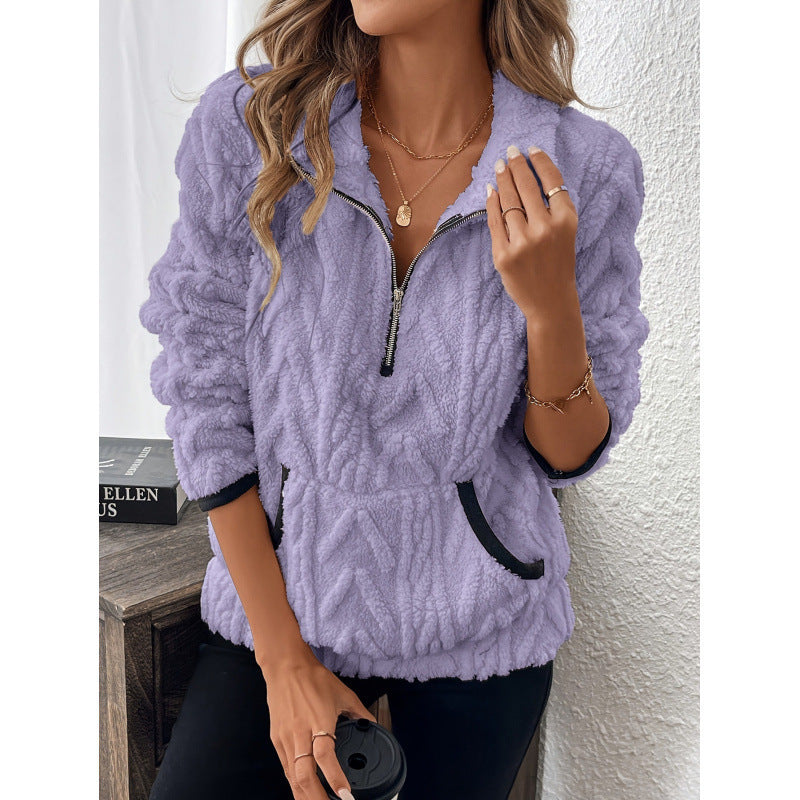 Contrast Color Half-Open Collar Plush Women's Sweater