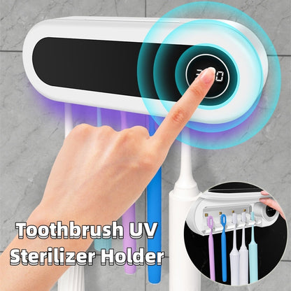 Wall-mounted toothbrush holder with a smart UV sterilizer, toothpaste dispenser, and squeezer, perfect for bathroom accessories.