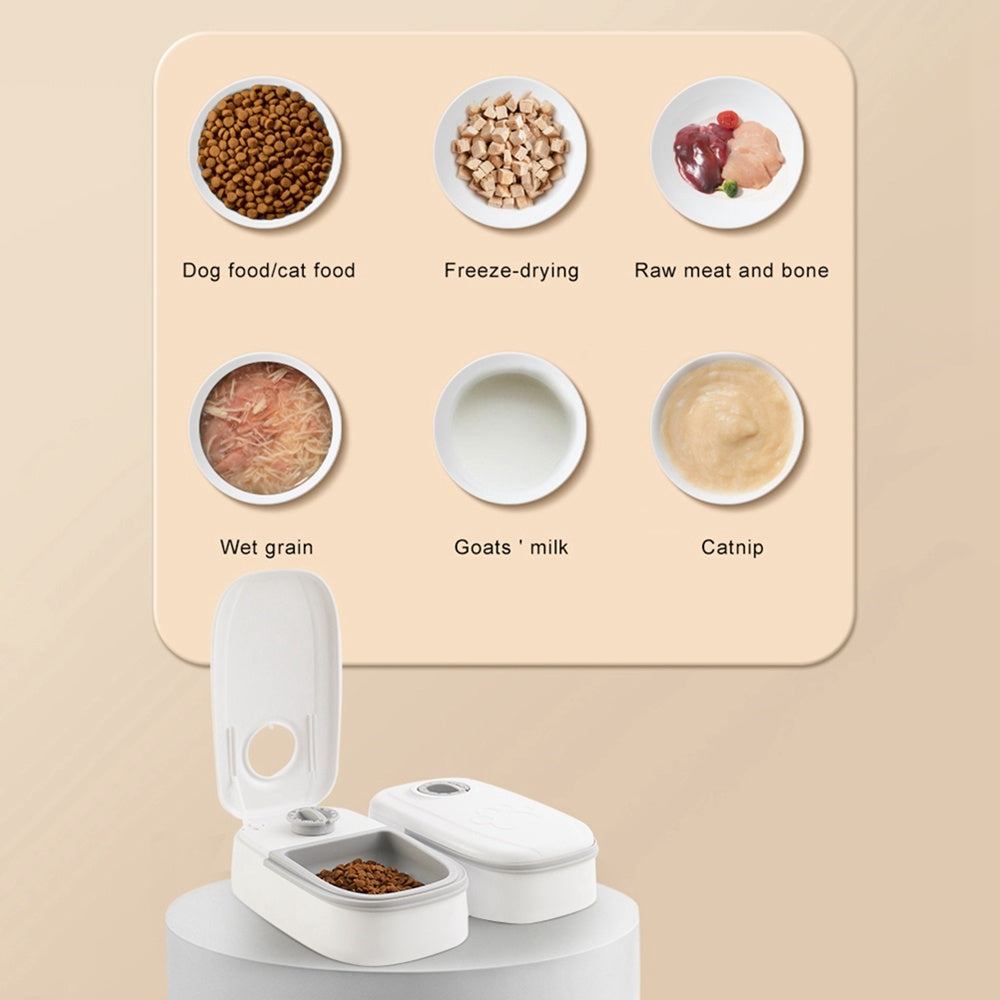 Automatic pet feeder with a smart food dispenser for cats and dogs, featuring a timer, stainless steel bowl, and automatic feeding system. Perfect for pet feeding and supplies.