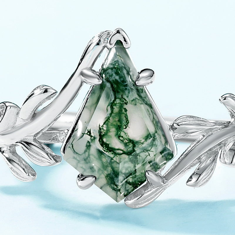 Olive Branch Natural Green Moss Stone Ring S925 Silver Inlay Water Plants Agate Geometric Index Finger Ring