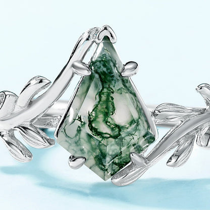 Olive Branch Natural Green Moss Stone Ring S925 Silver Inlay Water Plants Agate Geometric Index Finger Ring