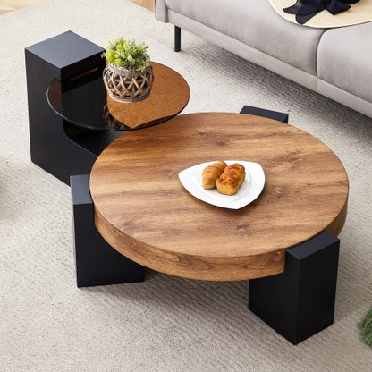 Modern Simple Double-Layer Round Coffee Table - Transparent Gray Glass Top with Black MDF L-Shaped Legs. The Detachable Design Can Make the Use of Space More Flexible