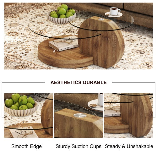 Modern And Practical Double-layer Round Table. Glass Tabletop, Wood MDF Table Legs. Suitable For Living Room and Bedroom