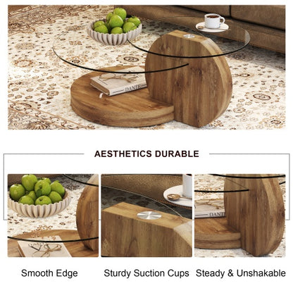 Modern And Practical Double-layer Round Table. Glass Tabletop, Wood MDF Table Legs. Suitable For Living Room and Bedroom