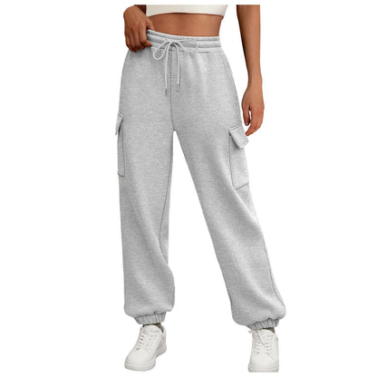 Women's fleece-lined sweatpants, baggy athletic joggers with pockets, perfect for fall. Casual and trendy cargo pants for stylish and comfortable autumn outfits.