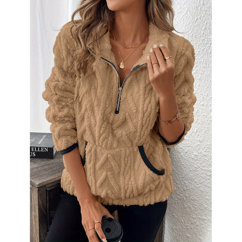 Contrast Color Half-Open Collar Plush Women's Sweater