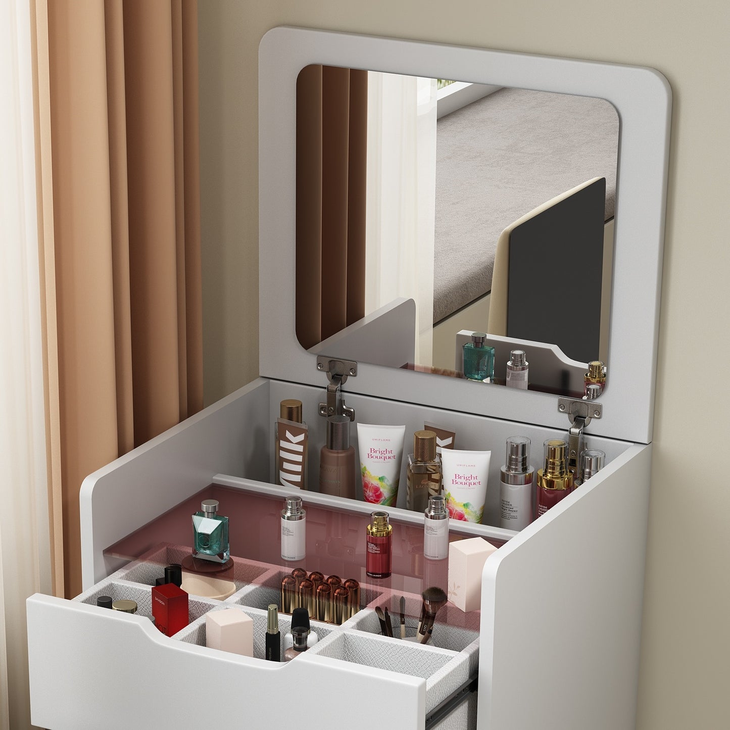 3 In 1 Vanity Desk with Plip Top Mirror, Small Make Up Vanity Set with Visible Glass Desktop, Compact