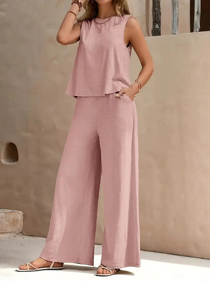 Solid Color Casual Loose Pants Sets for Women Elegant Spring Summer Women's Two Pieces Suit Full Trouser Set Female Outfit Clothes