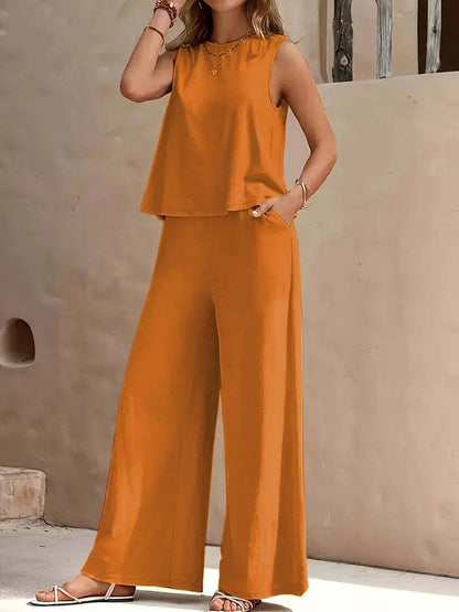 Solid Color Casual Loose Pants Sets for Women Elegant Spring Summer Women's Two Pieces Suit Full Trouser Set Female Outfit Clothes