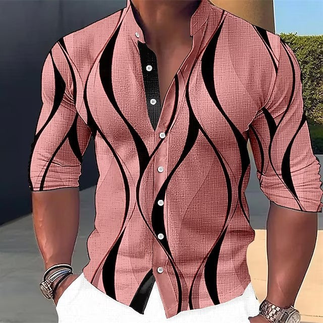 Summer New Plus Size Men's Casual Slim-Fit Fashion 3D Printed Long-Sleeve Shirt
