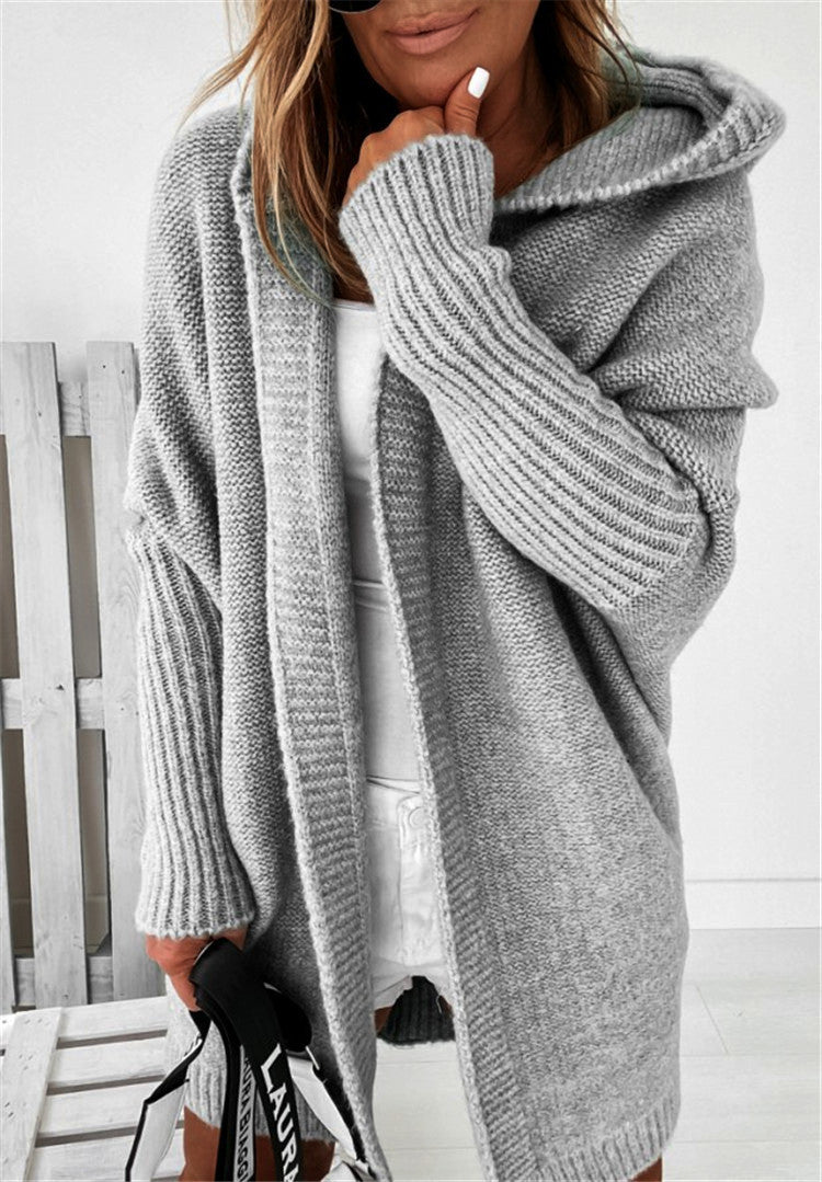 Fashion Bat-Sleeve Hooded Cardigan, Oversized Loose-Fit, Solid Color Sweater for Women’s Clothing.