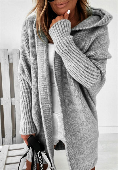 Fashion Bat-Sleeve Hooded Cardigan, Oversized Loose-Fit, Solid Color Sweater for Women’s Clothing.
