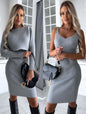 2-piece Suit: Women's Solid Striped Long-Sleeved Top and Fitted Suspender Skirt, Perfect for Fashionable Autumn and Winter Slim Outfits.