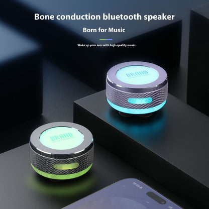 Compact wireless bone conduction speakers with Bluetooth connectivity, vibration technology, colorful LED lights, and a portable surface-adsorption design.