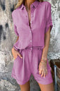 Short-sleeved suits with stylish lapel button shirt top and matching pocket shorts for women's clothing.