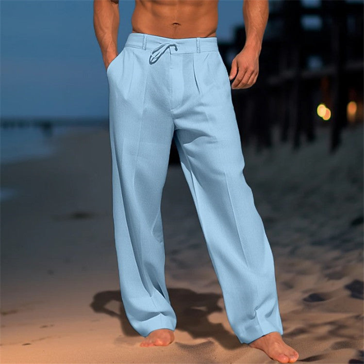 Casual Wide-leg straight pants with pockets, stylish drawstring trousers for men. Clothing