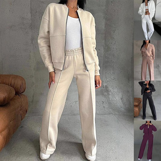 Women's Sports Suit with Zipper Jacket and Wide-Leg Pants Two-Piece Set