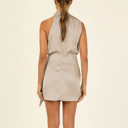 Elegant halter neck sleeveless dress with a waist-tied design, perfect for fashionable short dress styles. For Evening Party Clothing Women