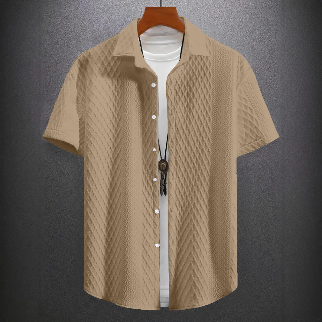 Men's Solid Color Short-Sleeve Knitted Shirt with a Turned-Over Collar