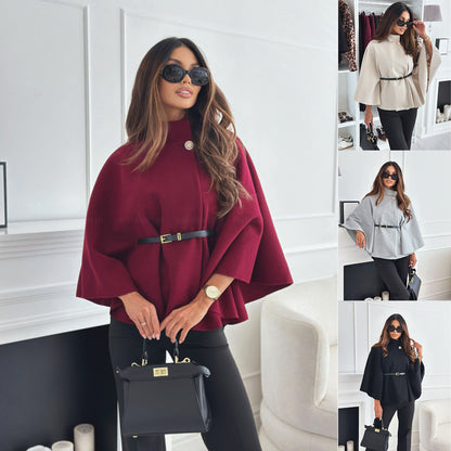 New Stand Collar Batwing Sleeves Cloak Top with Belt Ins Fashion Temperament Jacket Woolen Sweater Outwear for Women Clothing