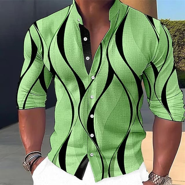 Summer New Plus Size Men's Casual Slim-Fit Fashion 3D Printed Long-Sleeve Shirt