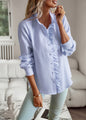 Striped long sleeve shirt with a fashionable ruffle design, button-up style, perfect as a casual office blouse. This elegant and versatile top is ideal for commuting and adds a touch of sophistication to women's clothing.