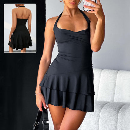 Slim Halter-neck Dress Ins Fashion Sleeveless Backless Ruffled Short Dresses Summer Clothing for Women
