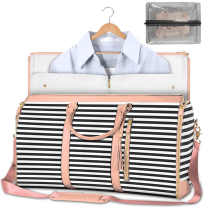 Large capacity travel duffle bag for women, featuring a folding suit bag design, waterproof material, and versatile use as a clothes tote or handbag.