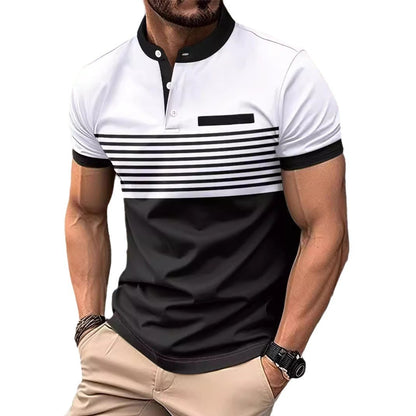 Multicolor Printed Striped Stand Collar Men's Top