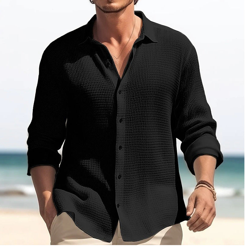 Men's lapel long-sleeve shirt, stylish and solid-colored, featuring a single-breasted design—perfect for fall and spring fashion.