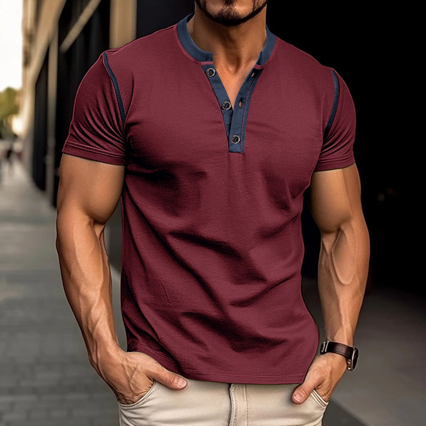 Fashionable short-sleeved polo shirts with a summer vibe, featuring buttoned V-neck designs, perfect for men's casual clothing.