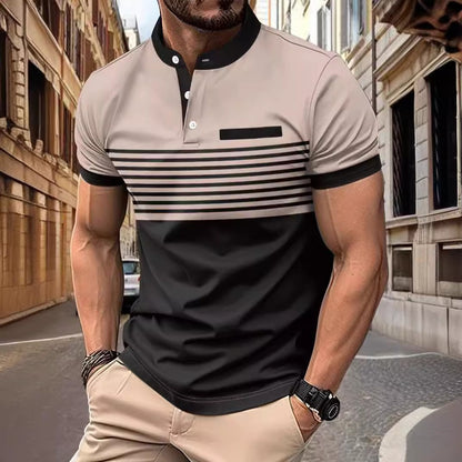 Multicolor Printed Striped Stand Collar Men's Top