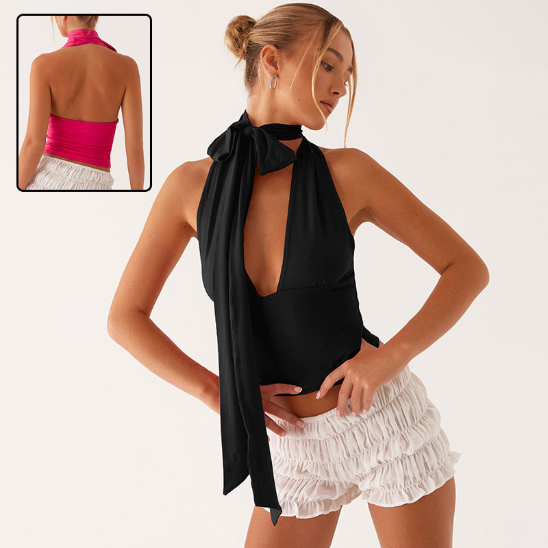 Deep V-neck halter tops are a trendy summer fashion choice, capturing the Y2K aesthetic with their sleeveless design and stylish appeal for women's clothing.