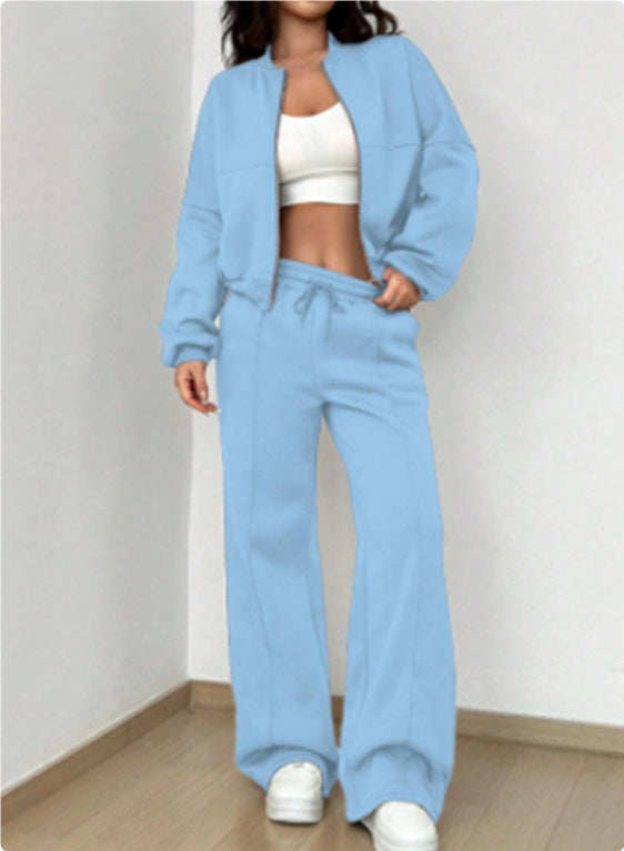 Women's Sports Suit with Zipper Jacket and Wide-Leg Pants Two-Piece Set