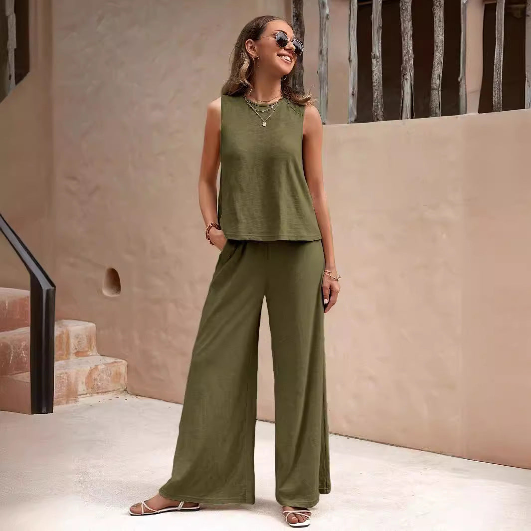 Solid Color Casual Loose Pants Sets for Women Elegant Spring Summer Women's Two Pieces Suit Full Trouser Set Female Outfit Clothes
