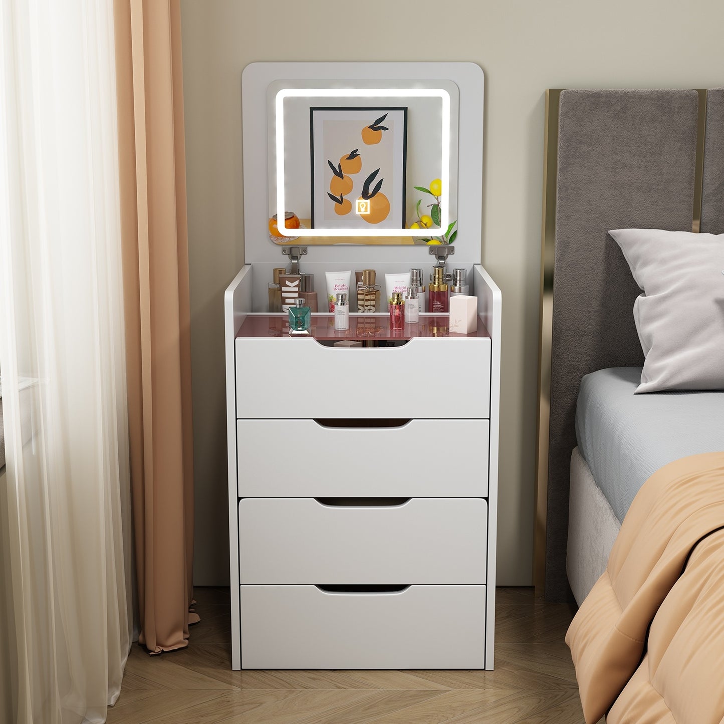 3 In 1 Vanity Desk with Plip Top Mirror, Small Make Up Vanity Set with Visible Glass Desktop, Compact