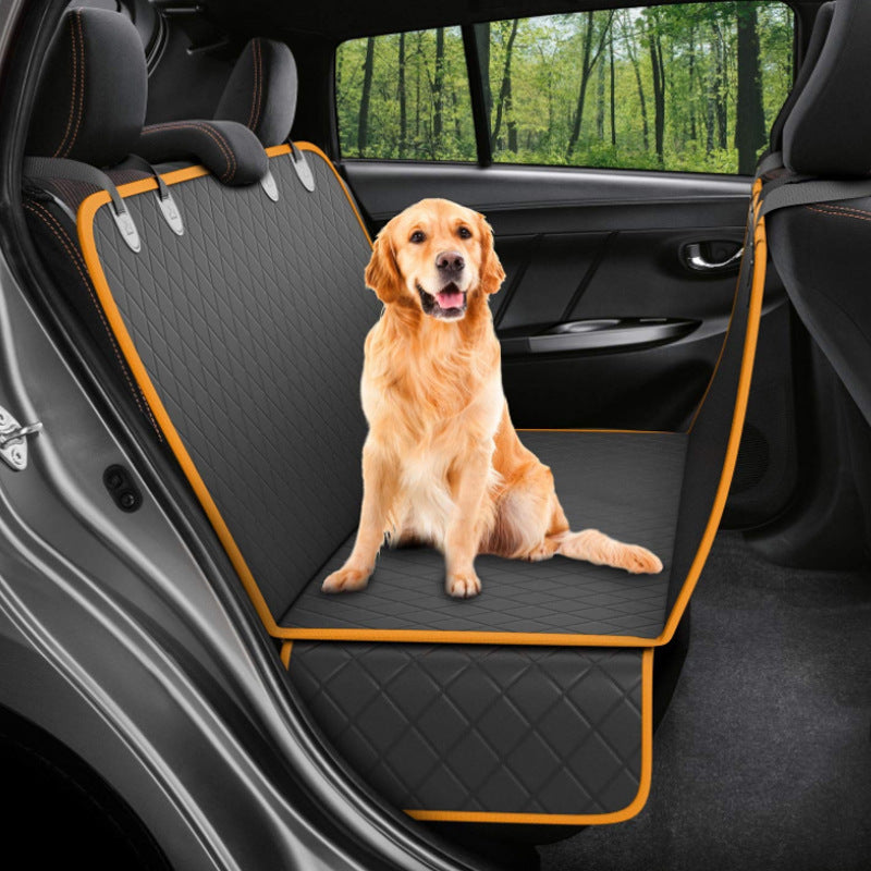 Dog car seat cover with view mesh, pet carrier hammock, safety protector, rear back seat mat featuring a zipper and pocket, perfect for travel.