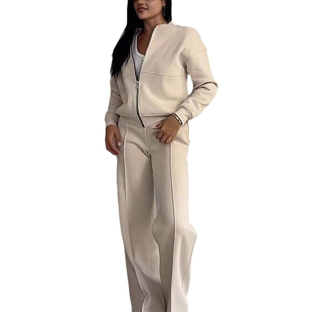 Women's Sports Suit with Zipper Jacket and Wide-Leg Pants Two-Piece Set