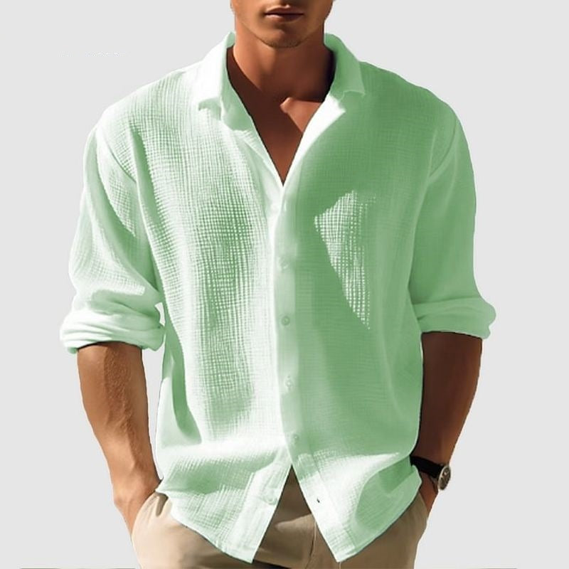 Men's lapel long-sleeve shirt, stylish and solid-colored, featuring a single-breasted design—perfect for fall and spring fashion.