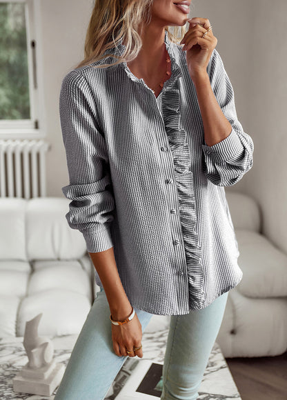 Striped long sleeve shirt with a fashionable ruffle design, button-up style, perfect as a casual office blouse. This elegant and versatile top is ideal for commuting and adds a touch of sophistication to women's clothing.