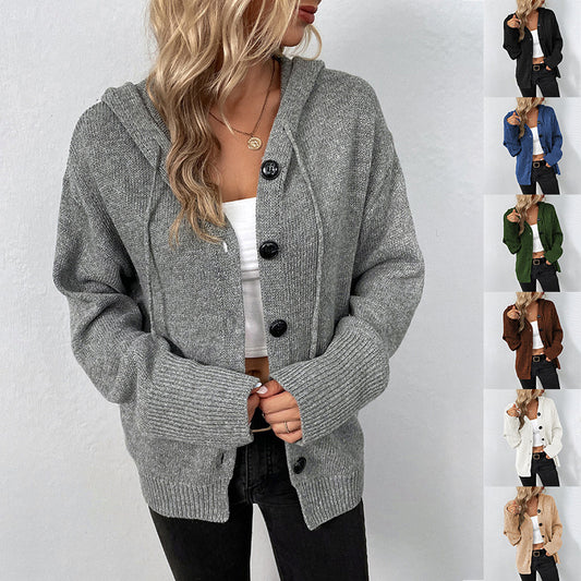 Ins Single-Breasted Hooded Sweater for Women, Solid Color Cardigan Coat Clothing