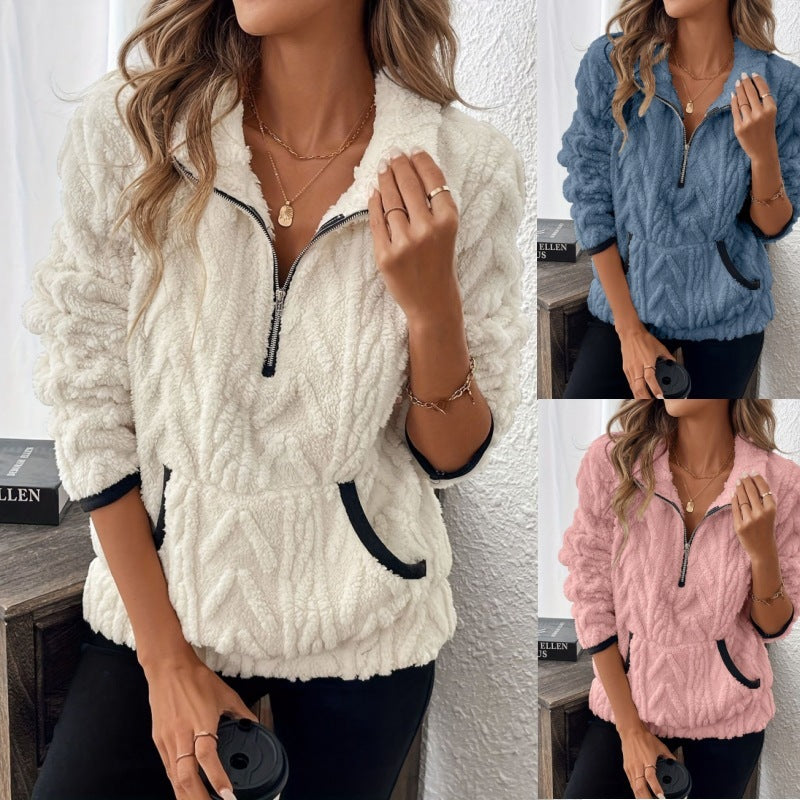 Contrast Color Half-Open Collar Plush Women's Sweater