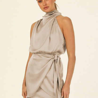Elegant halter neck sleeveless dress with a waist-tied design, perfect for fashionable short dress styles. For Evening Party Clothing Women