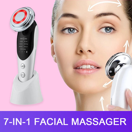 7-in-1 Facial Massager with EMS Microcurrent, Color Light Therapy, Vibration, LED Beauty Features, Skin Purifying, and Care Introducing Device.