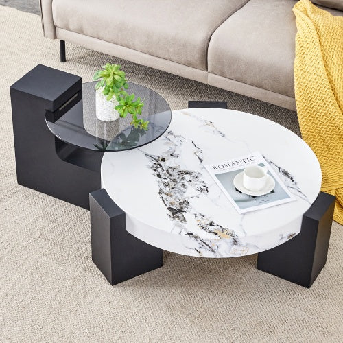 Modern Simple Double-Layer Round Coffee Table - Transparent Gray Glass Top with Black MDF L-Shaped Legs. The Detachable Design Can Make the Use of Space More Flexible