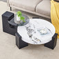 Modern Simple Double-Layer Round Coffee Table - Transparent Gray Glass Top with Black MDF L-Shaped Legs. The Detachable Design Can Make the Use of Space More Flexible