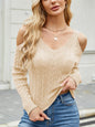 Shoulder-Baring Solid Color Cable-Knit Long Sleeve Sweater for Women