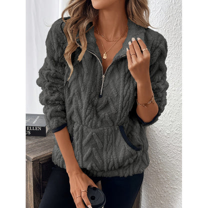 Contrast Color Half-Open Collar Plush Women's Sweater