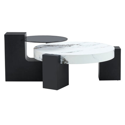 Modern Simple Double-Layer Round Coffee Table - Transparent Gray Glass Top with Black MDF L-Shaped Legs. The Detachable Design Can Make the Use of Space More Flexible